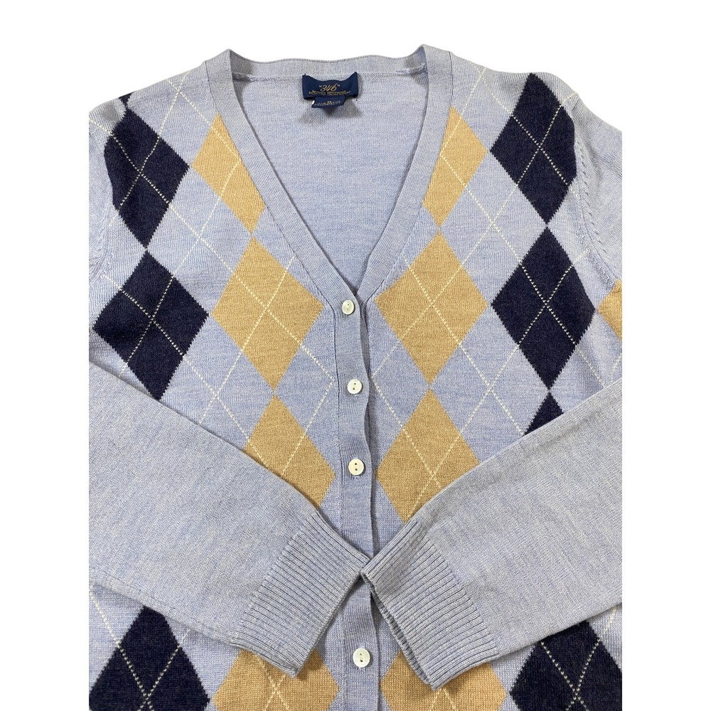 Brooks Brothers 346 Womens Blue Argyle Extra Fine Merino Wool Cardigan Sweater M